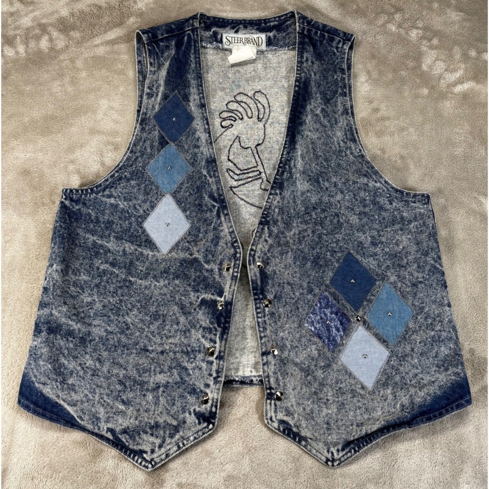 Steer‎ Brand Denim Vest Women XL Blue USA Acid Wash Kokopelli Southwest 90s